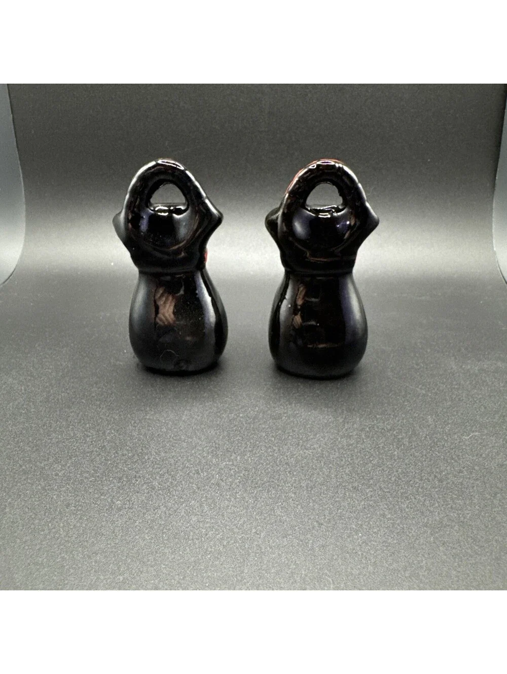 Vintage Black Ceramic Sack Salt and Pepper Shakers Red Bow Handled Set